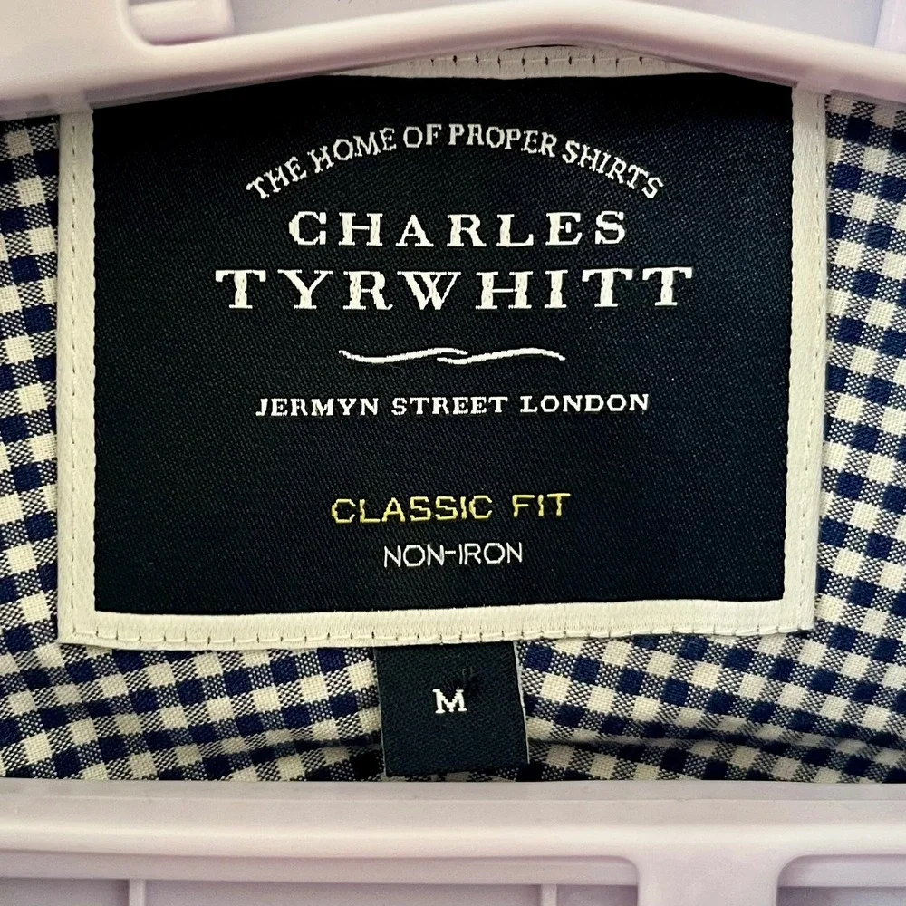 Charles Tyrwhitt Button Down Men's M Navy Blue Gingham Classic Fit Non-Iron